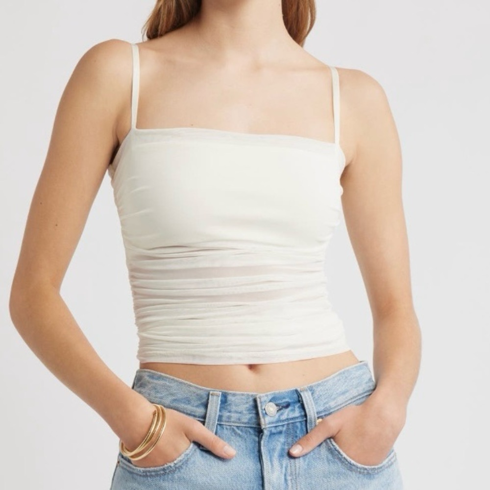 Open Edit Off White Ruched Mesh Camisole Women’s Size M